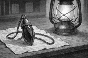 Kyumaseki hitam putih gaya manga—loket batu penyerap kuasa sihir di atas kain putih dengan lantera, 